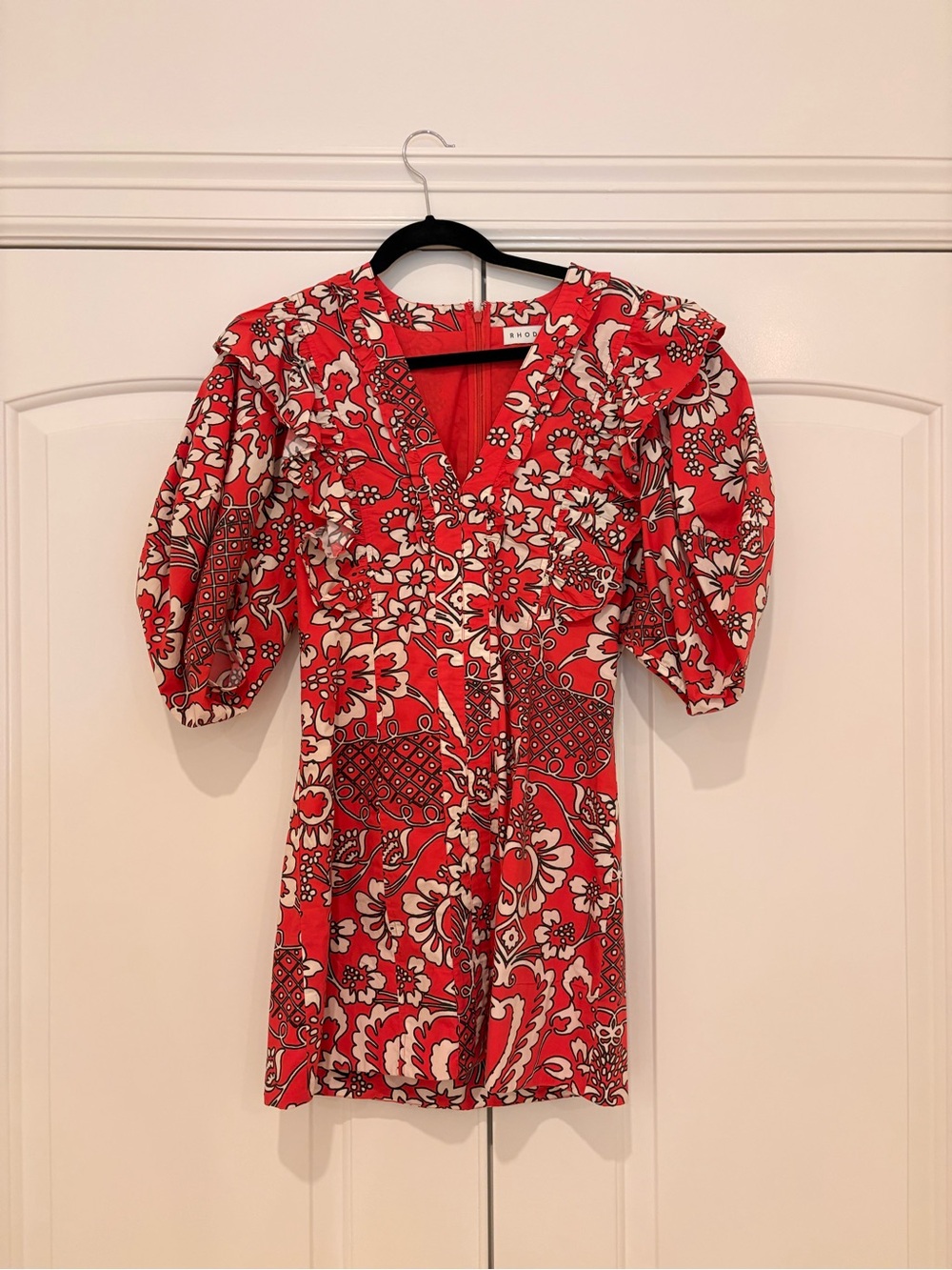 RHODE Red Floral Puff-Sleeve Mini Dress